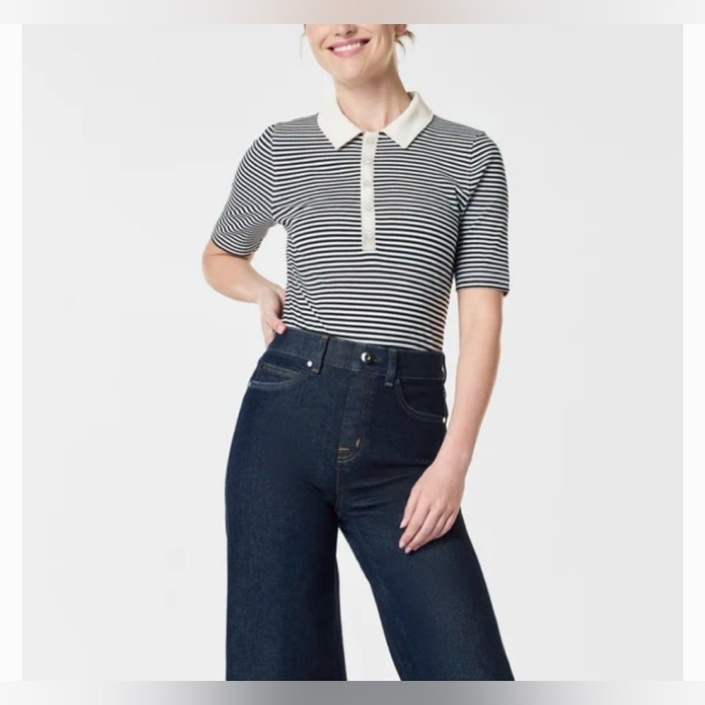SPANX Stretch Rib Polo Top Black White Stripes Women's Size Large